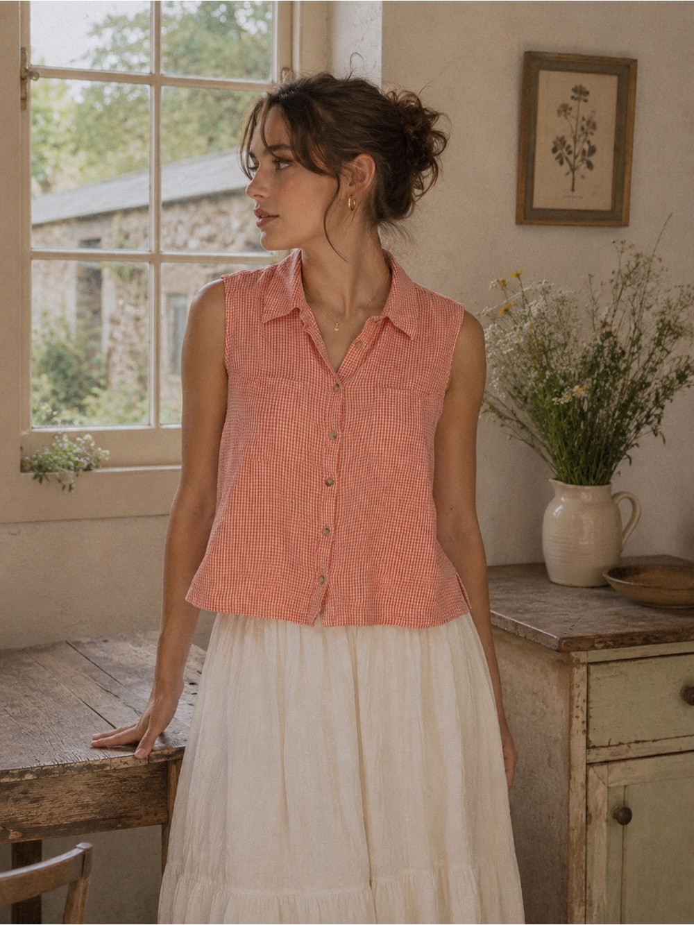 TRULY CASUAL | 100% Cotton | Gingham Button Up Sleeveless Blouse | Relaxed Fit |